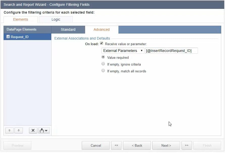 Screenshot of the “Search and Report Wizard – Configure Filtering Fields” menu.