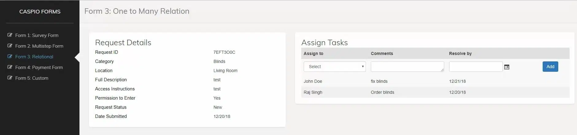Screenshot of a sample page made on Caspio. It shows details of the users requests under “Request Details” and a menu to assign the request under “Assign Tasks”.
