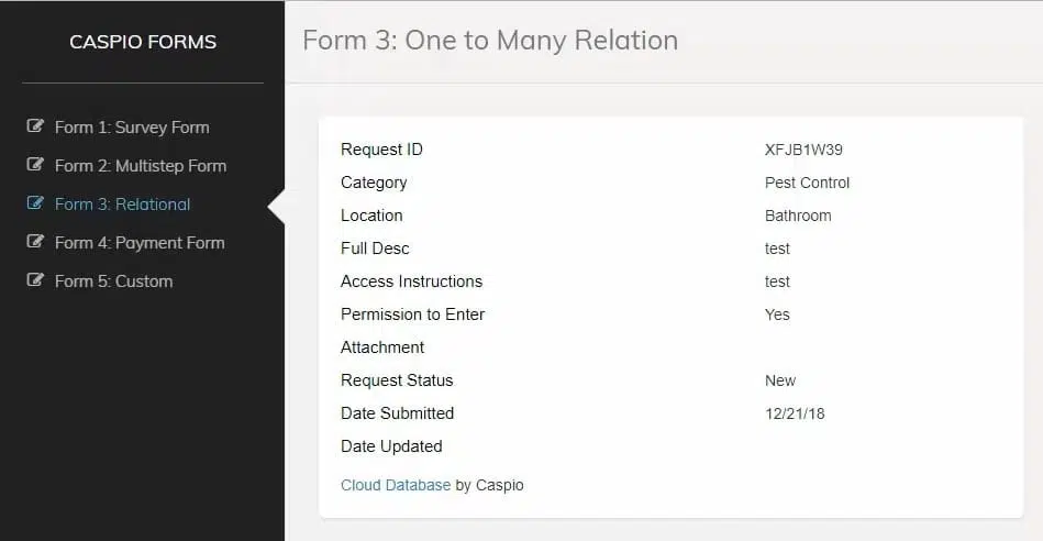 Screenshot of a sample completed form made on Caspio titled “Form 3: One to Many Relation”.
