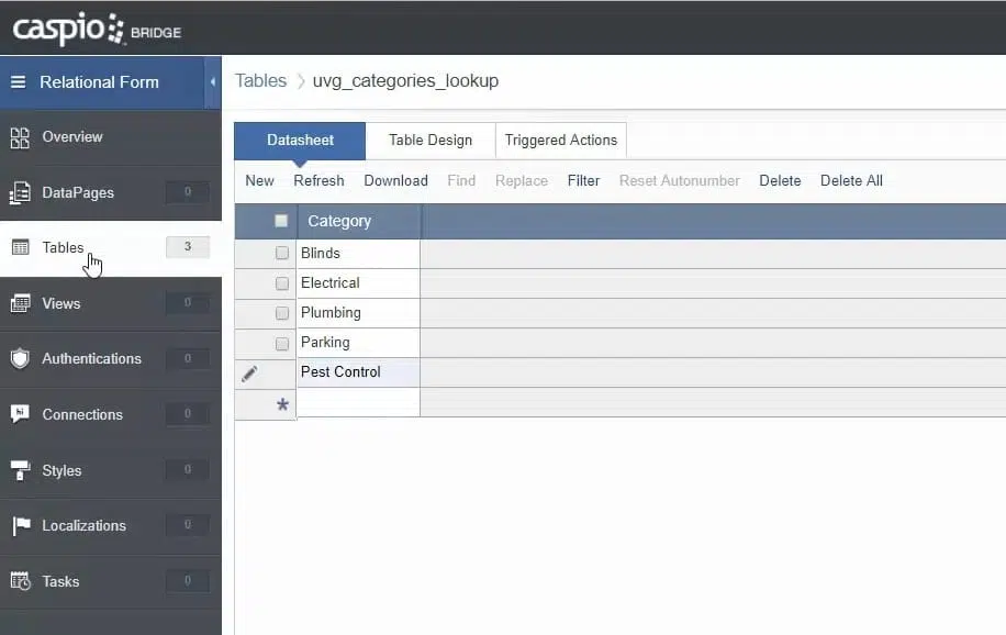 Screenshot of Caspio’s app builder. It shows the “Tables” section and is opened at the “Datasheet” tab.