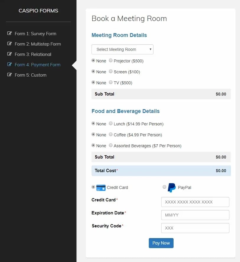 creenshot of a sample completed “Book a Meeting Room” form made on Caspio.