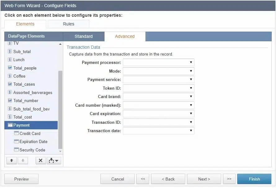 Screenshot of the “Web Form Wizard – Configure Fields” menu. Under the “Elements” section, it is opened at the “Advanced” tab.