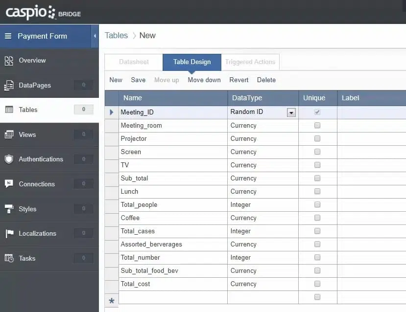 Screenshot of Caspio’s app builder. It shows the “Tables” section and is opened at the “Tables Design” tab.