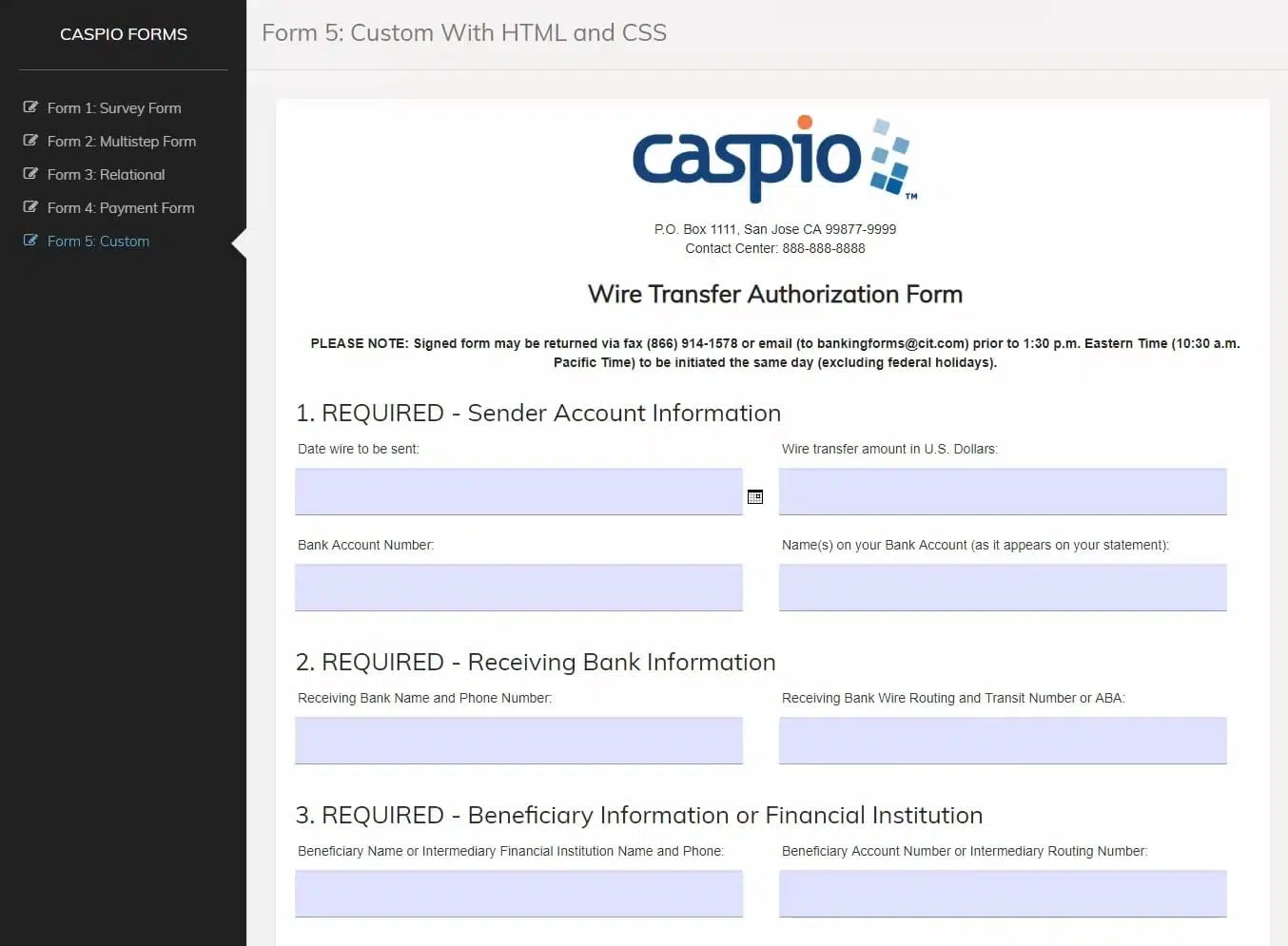 Screenshot of a sample completed “Book a Meeting Room” form made on Caspio.