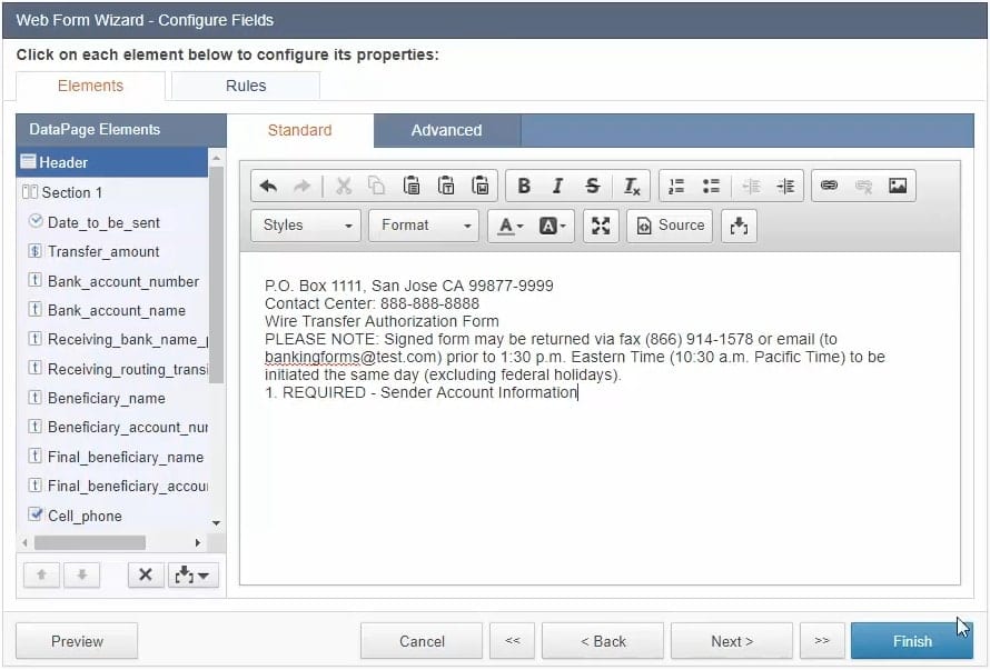 Screenshot of the “Web Form Wizard – Configure Fields” menu. Under the “Elements” section, it is opened at the “Standard” tab. In the content box, there are sample lines of plain text.