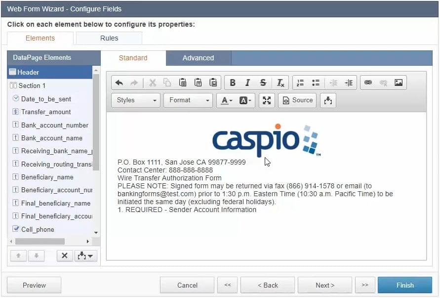 Screenshot of the “Web Form Wizard – Configure Fields” menu. Under the “Elements” section, it is opened at the “Standard” tab. In the content box, a logo image is added and formatted on top of the lines of plain text.