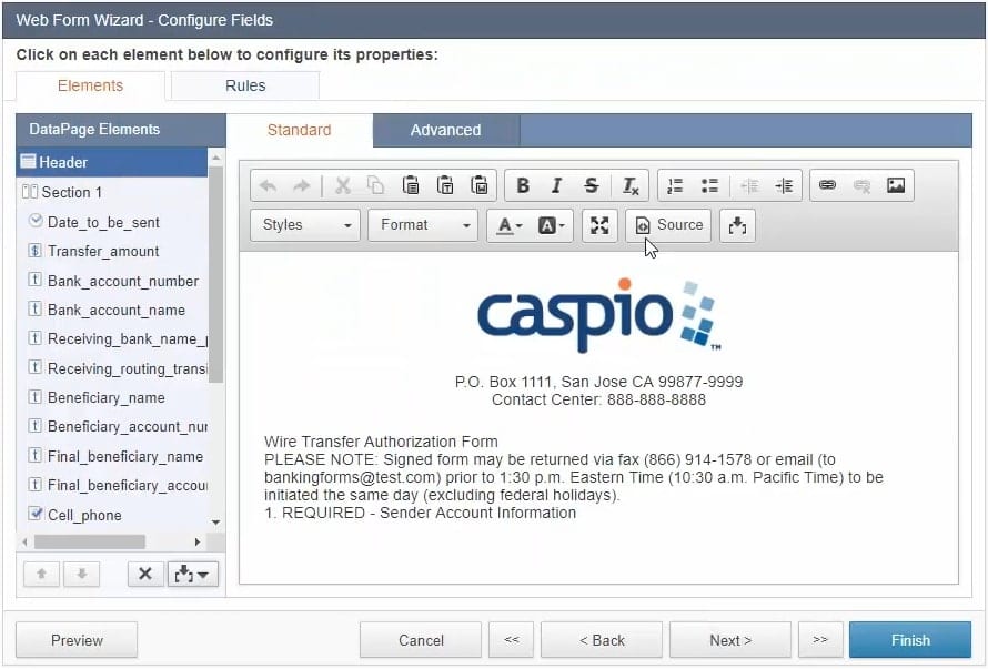 Screenshot of the “Web Form Wizard – Configure Fields” menu. Under the “Elements” section, it is opened at the “Standard” tab. In the content box, a logo image is formatted to the center, together with a few lines of text. There are remaining unformatted lines of text that follow.