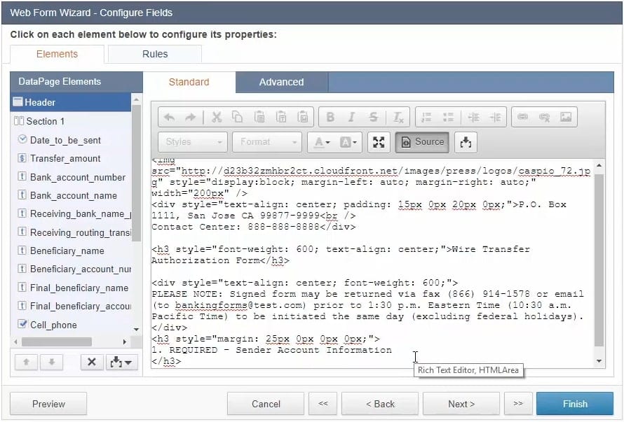 Screenshot of the “Web Form Wizard – Configure Fields” menu. It shows the “Advanced” panel, under the “Elements” tab. The content box displays HTML codes.