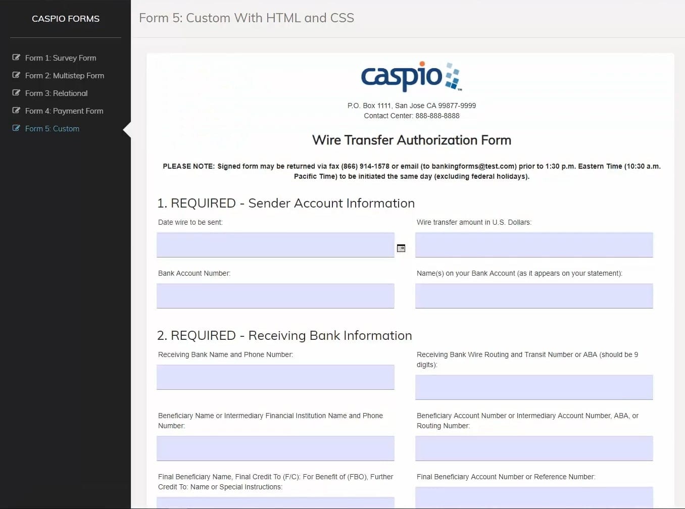 Screenshot of a sample custom form made on Caspio. It shows a “Wie Transfer Authorization Form” with several text fields that users can fill out.