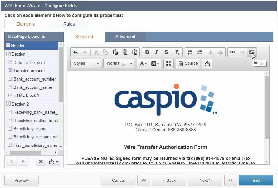 Screenshot of the “Web Form Wizard – Configure Fields” menu. It shows the “Standard” panel, under the “Elements” tab. In the content box, the text and images have been formatted as needed.