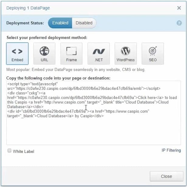 Screenshot of the “Deploying 1 DataPage” menu.