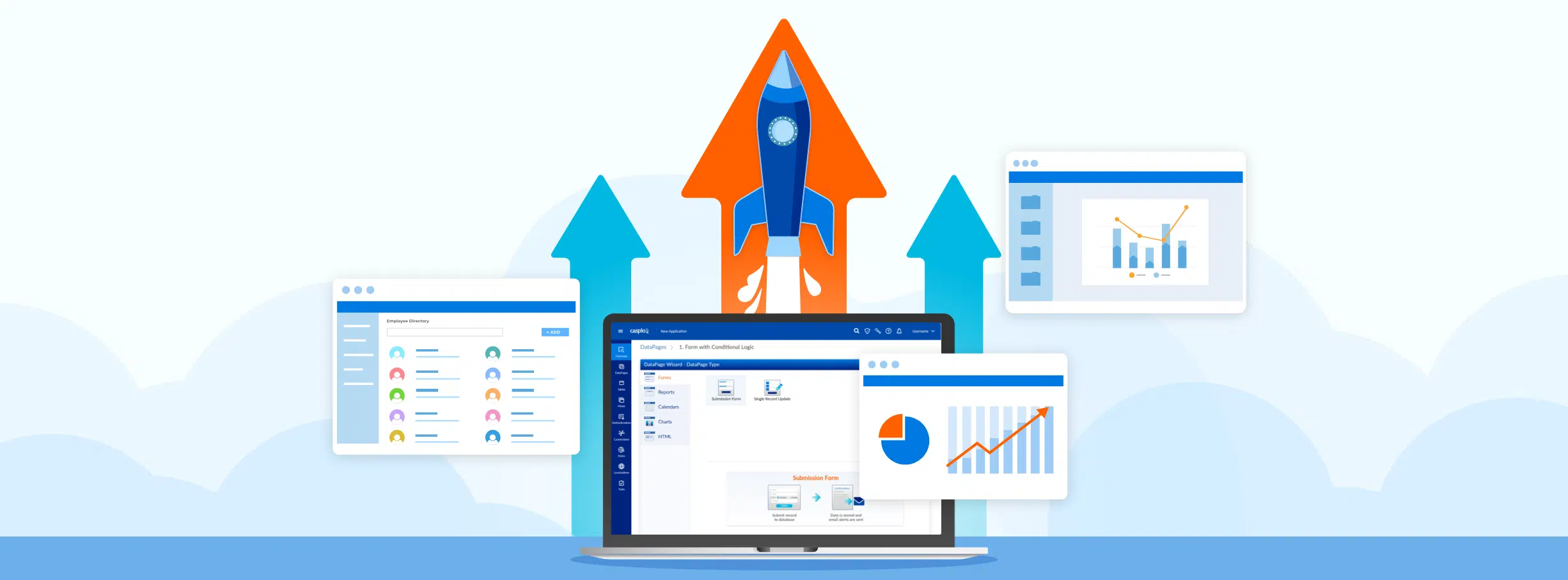 Caspio's app builder with a rocket blasting off