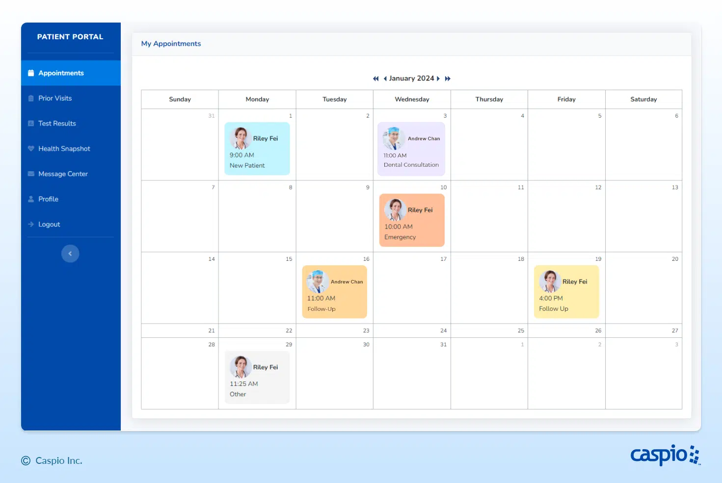 Calendar view of a patient portal.