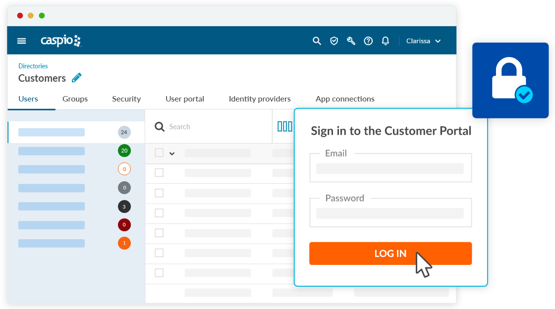 Illustration of Caspio's identity services interface with a user management dashboard and login form.