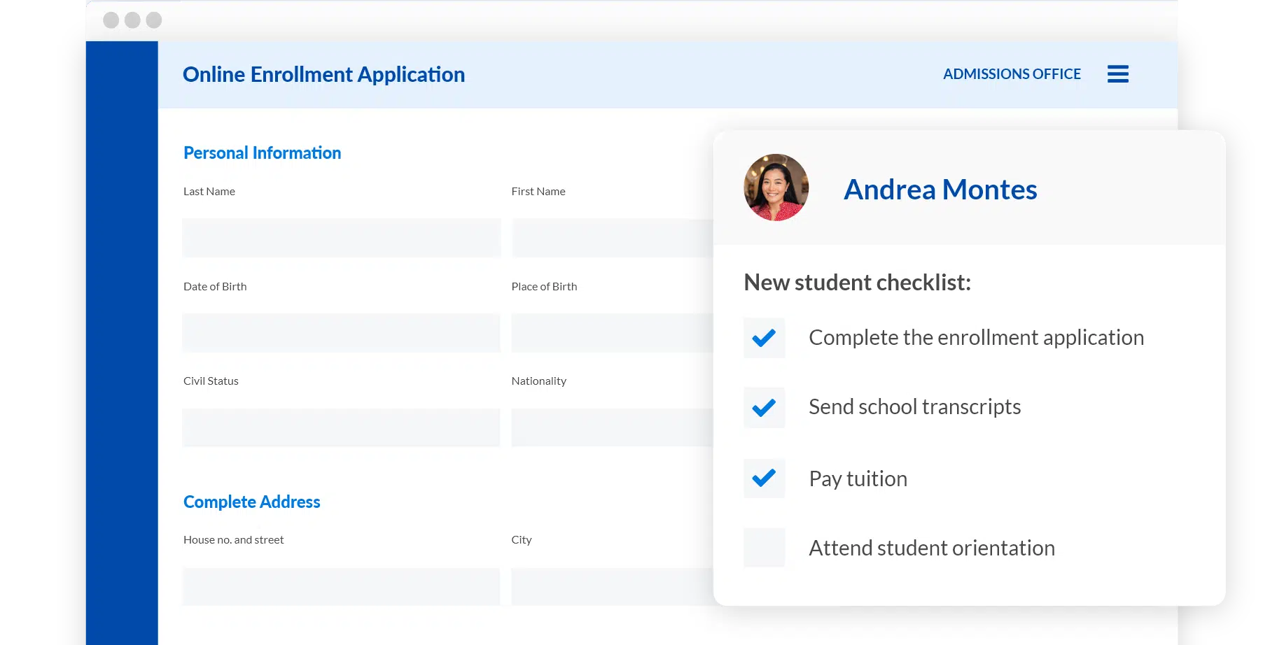 Online enrollment app showing form and progress tracker