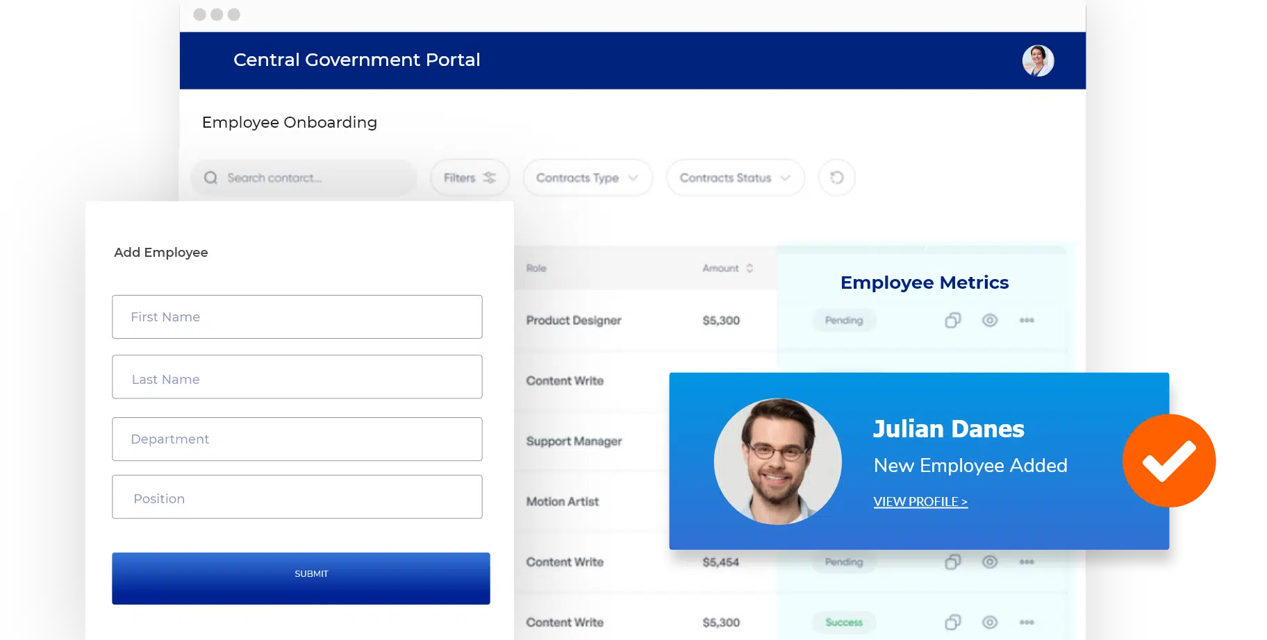 Government portal showing employee onboarding