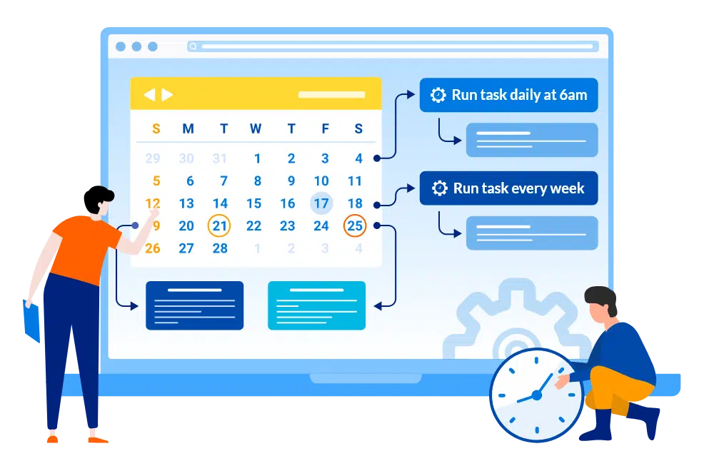 Illustration of Caspio Scheduled Tasks with a calendar and automated daily and weekly processes.