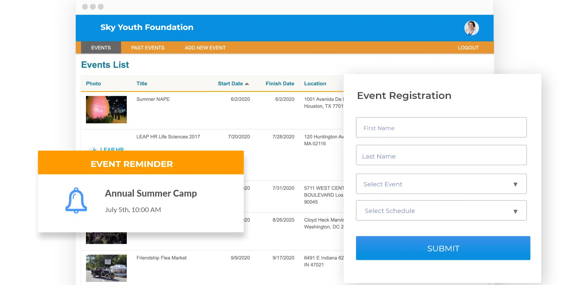 Event management and registration dashboard for a nonprofit