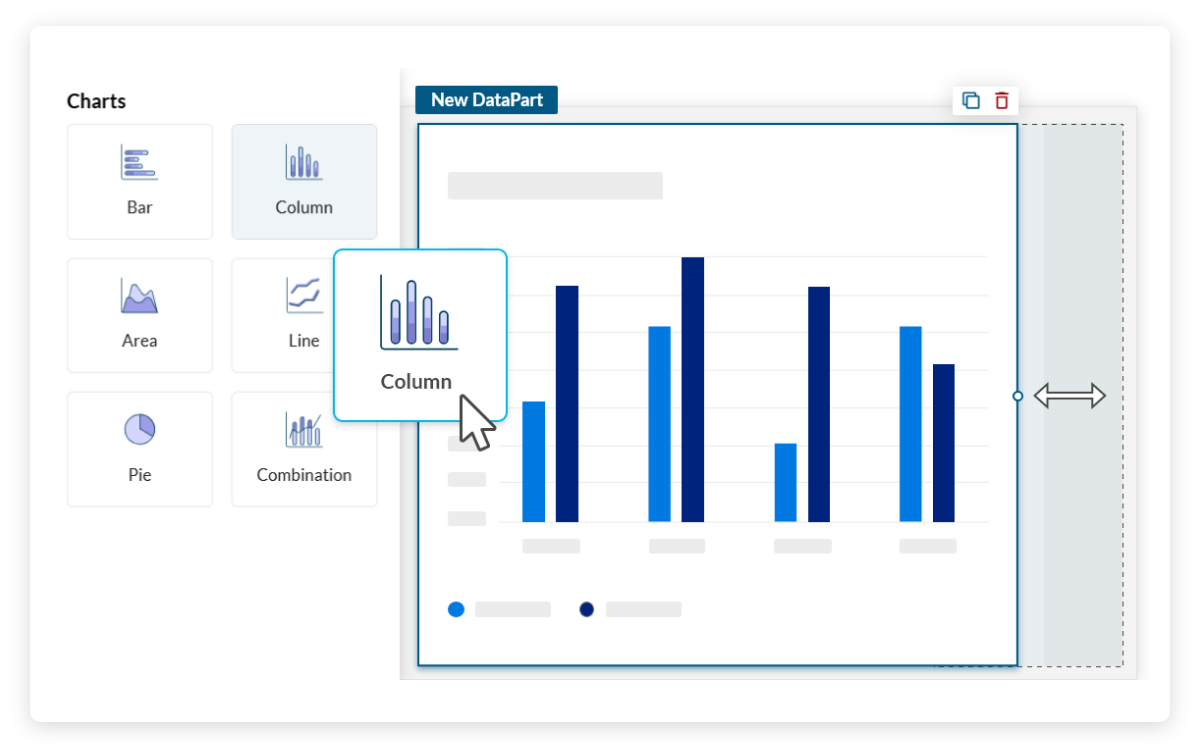 Caspio Flex interface with chart options and a selected column chart preview.