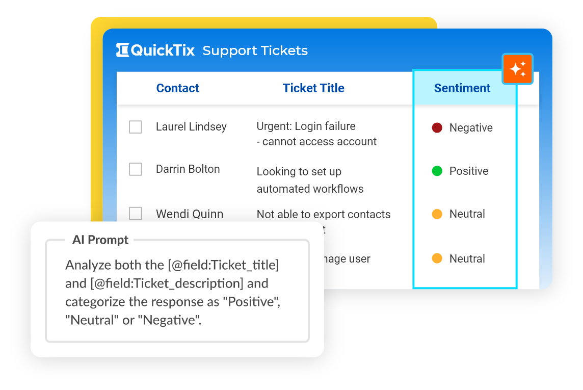 Support tickets screen with AI sentiment analysis and natural language prompt example