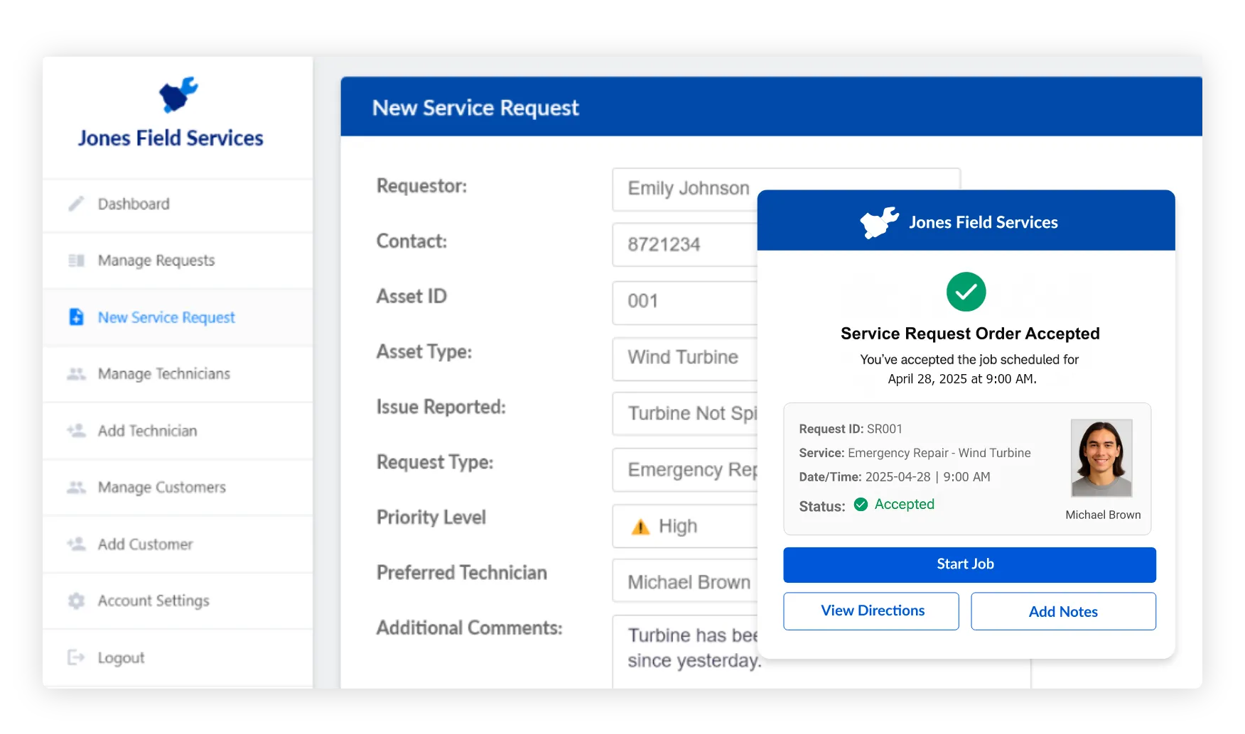 Approval workflow portal for service requests with technician assignment.