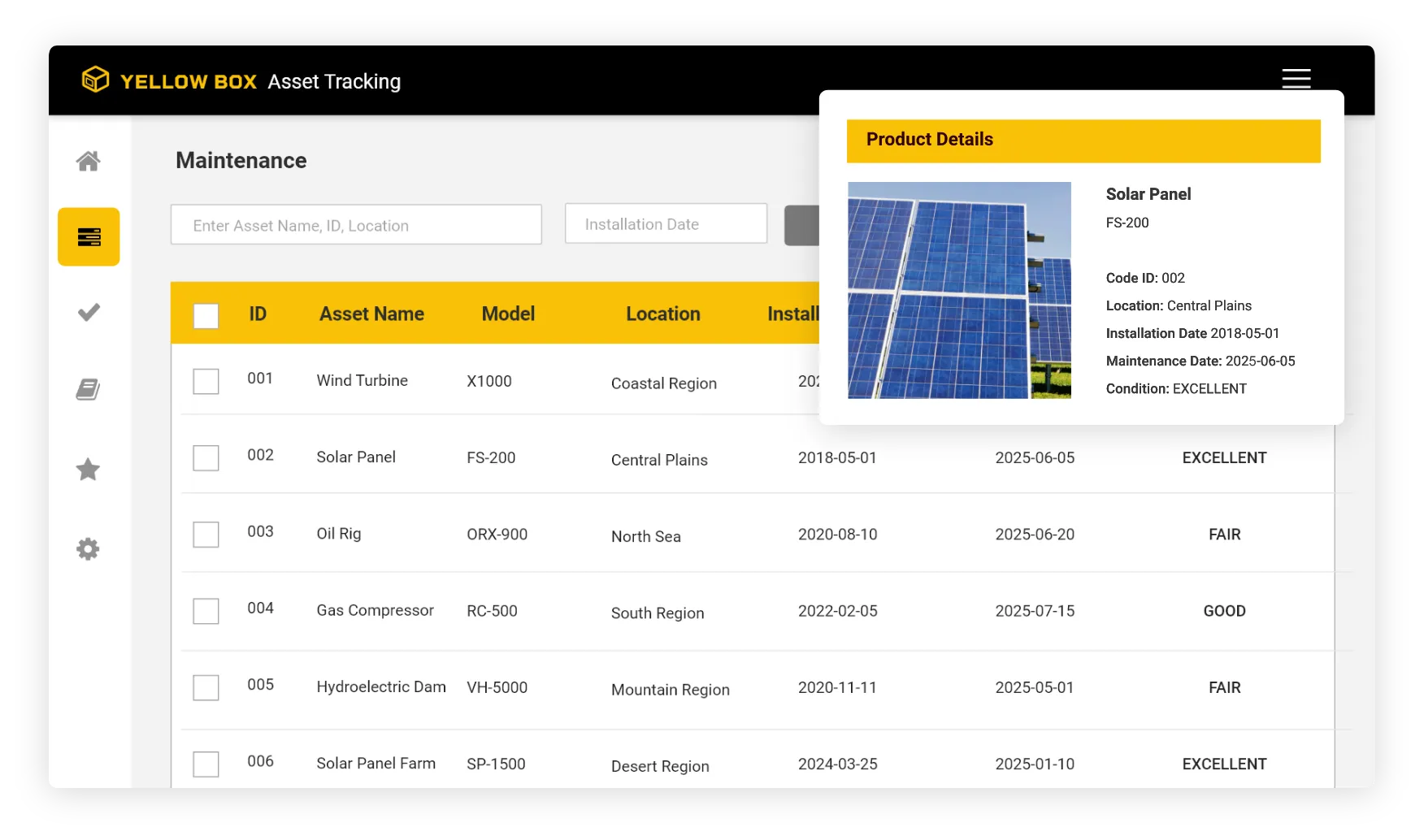 Asset management system tracking equipment details and maintenance status.