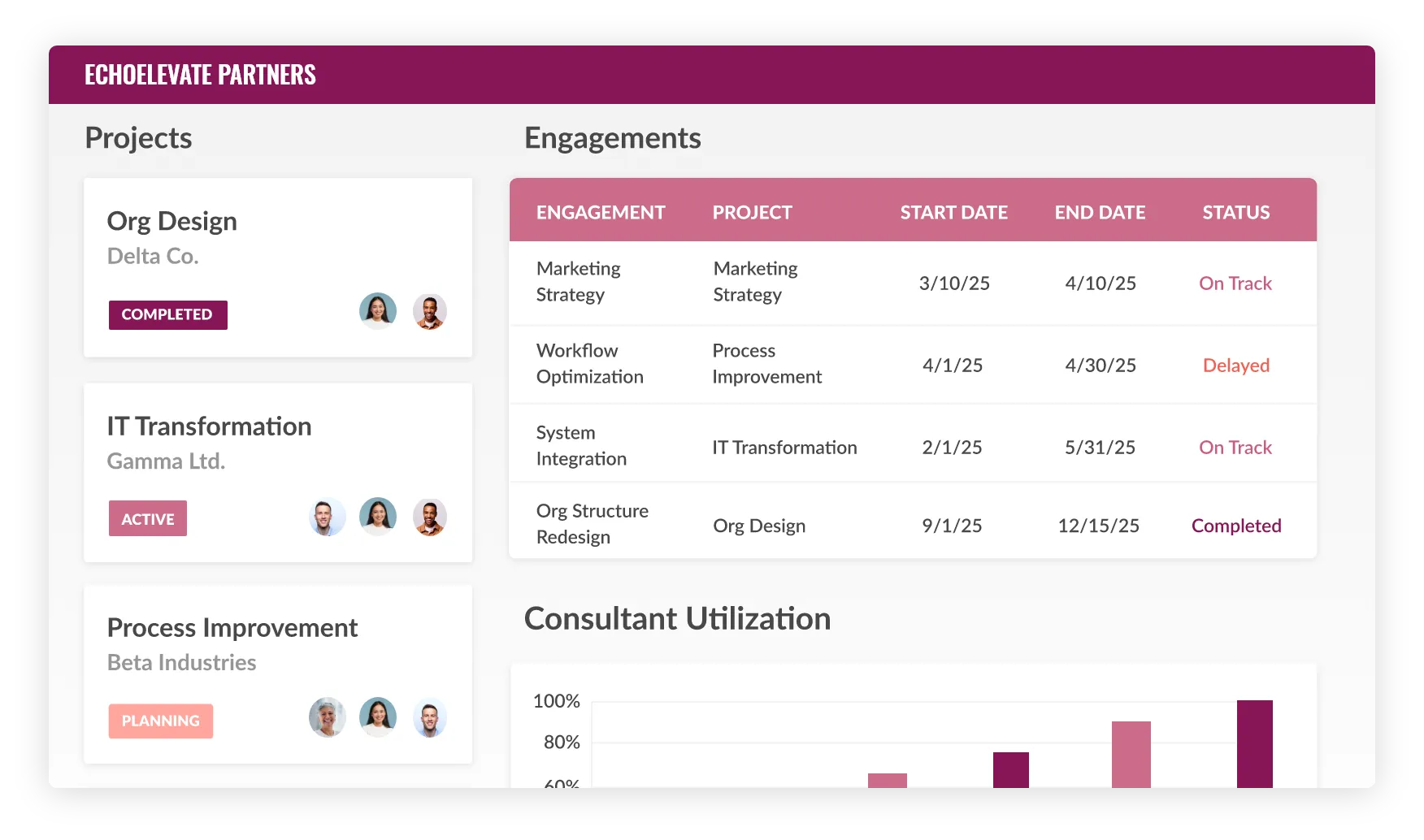 Consulting project management portal tracking engagements, timelines and consultant utilization