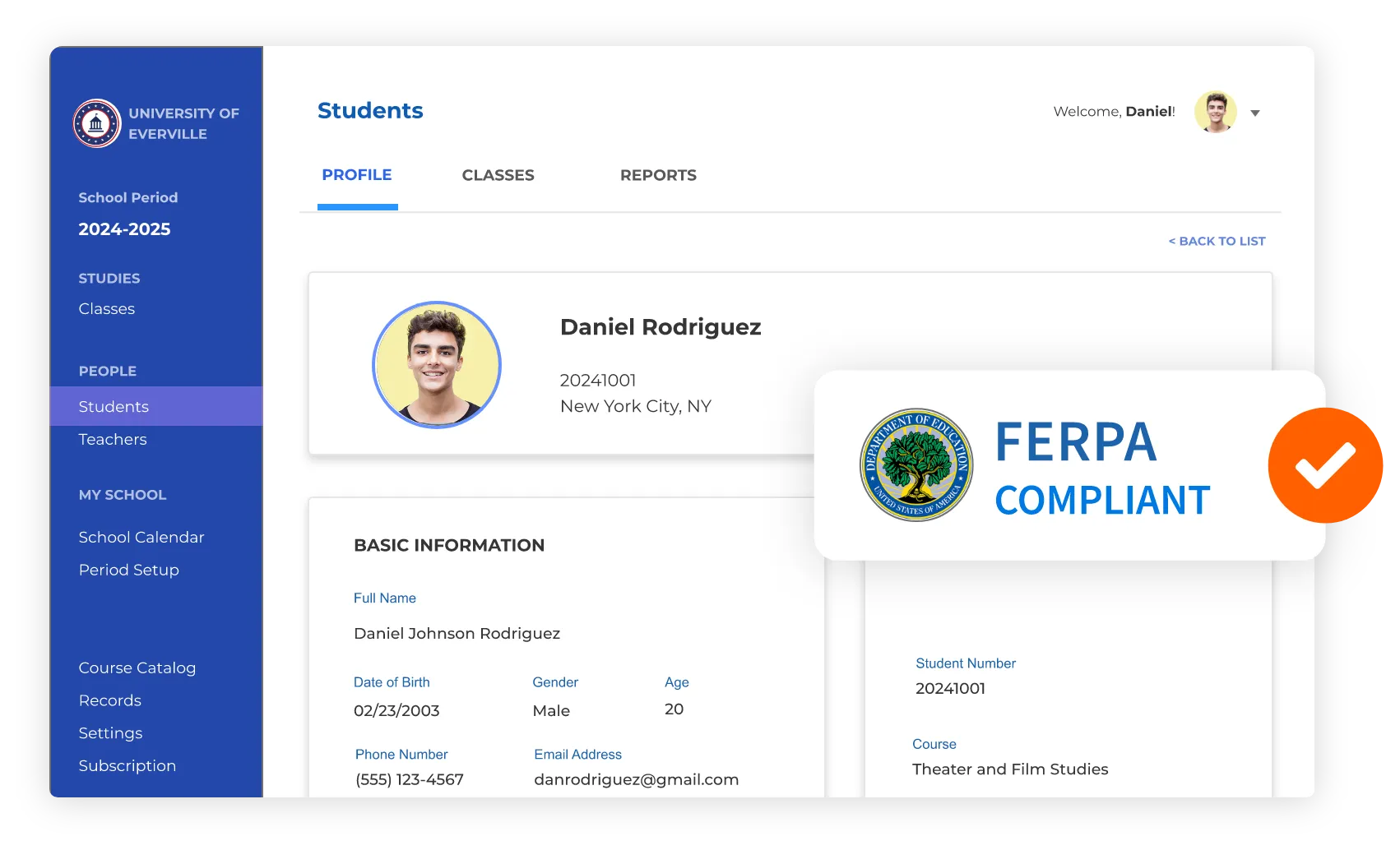 Education student profile portal with FERPA compliance badge.