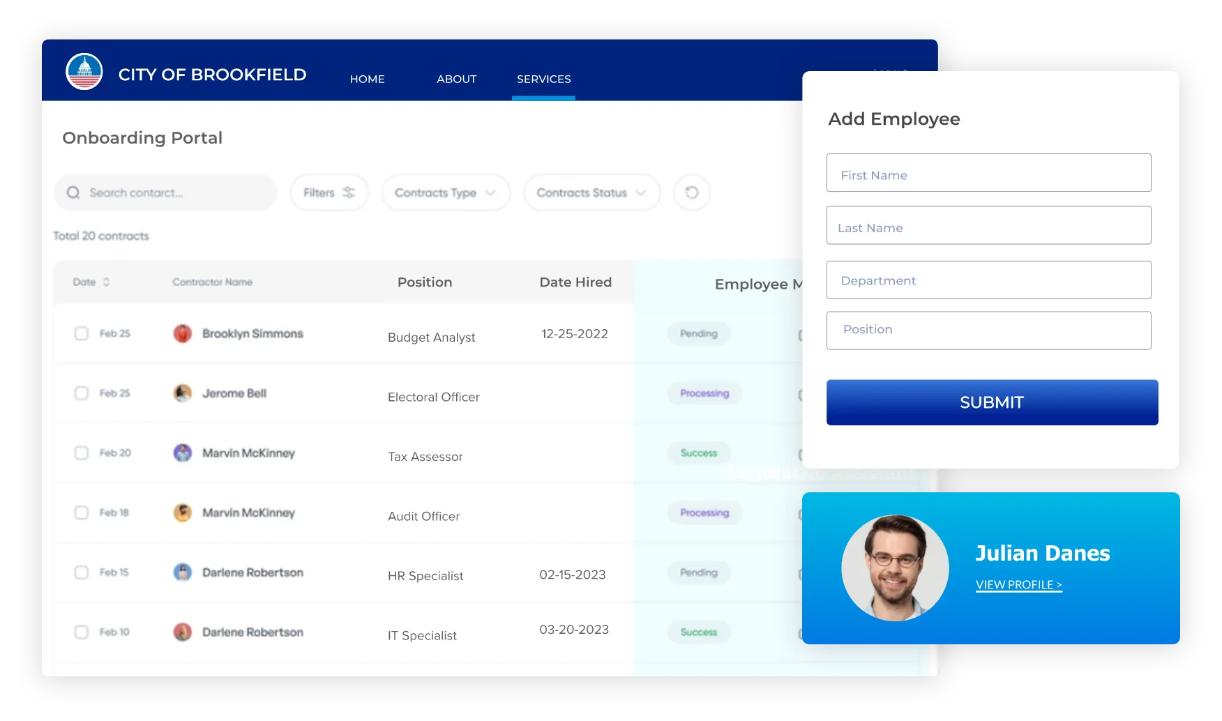 Government employee onboarding portal with staff management features.