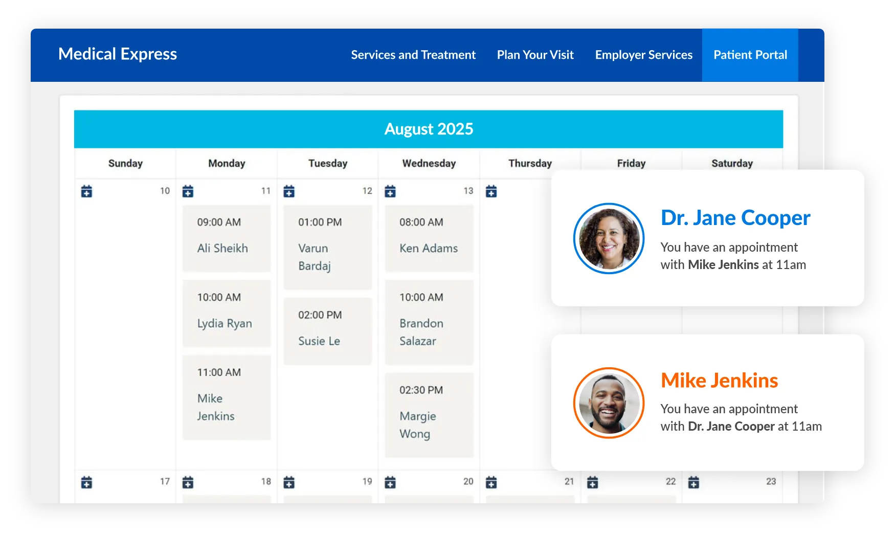 Healthcare appointment scheduling dashboard with doctor and patient notifications.