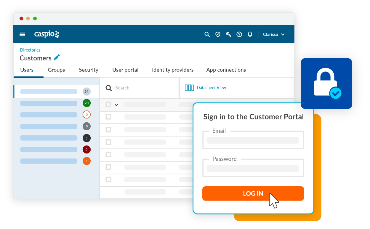 Customer portal login and user management dashboard with security lock icon