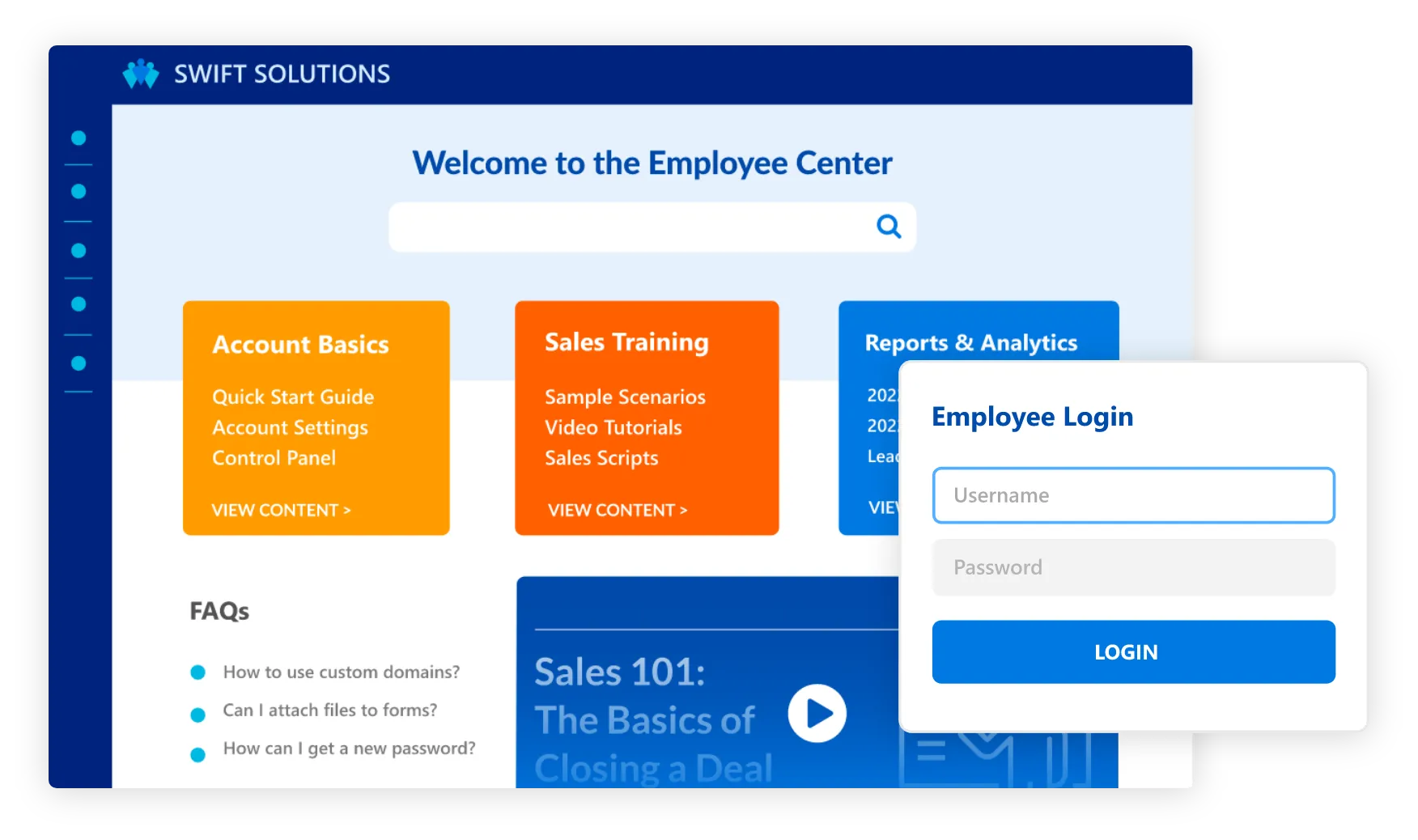 Knowledge base employee center with training modules, FAQs and secure login.