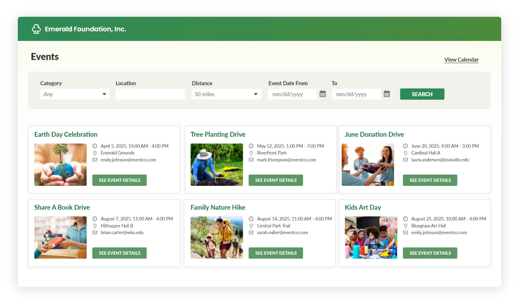 Nonprofit events management portal featuring donation drives, hikes and community activities.