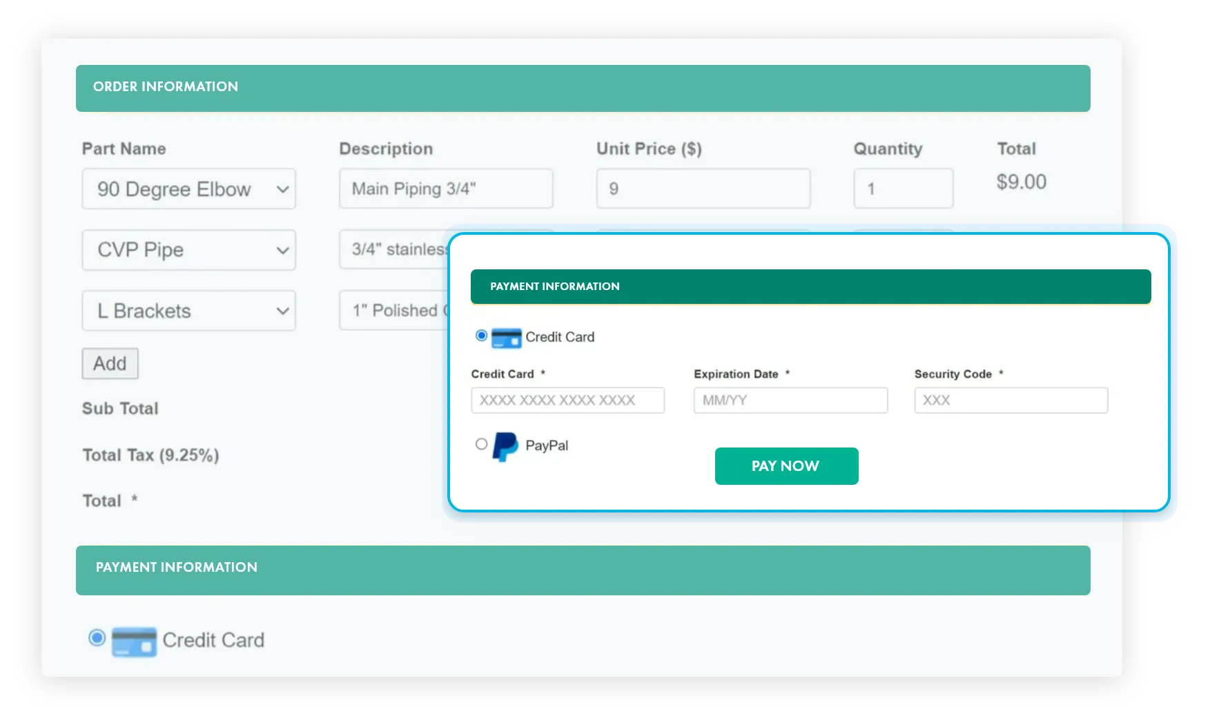 Web order form with product selection, quantity input and online payment options.