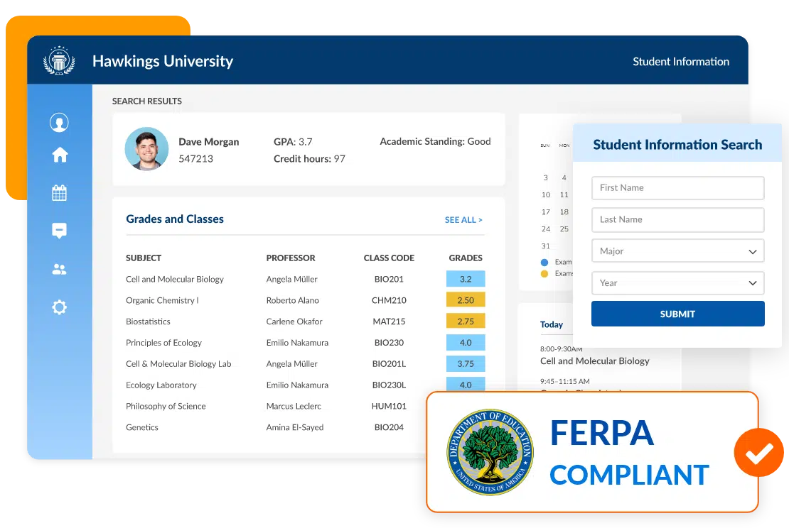 Screenshot of a student portal dashboard for Hawkings University showing student grades, GPA, and class information, with a search form on the right. A FERPA Compliant badge with the U.S. Department of Education seal is displayed at the bottom right.