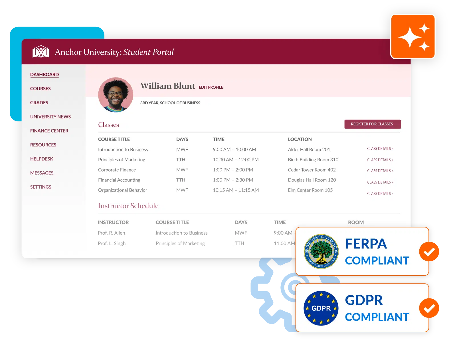 Screenshot of a student portal for Anchor University showing a student’s class schedule, course titles, and instructor information. FERPA and GDPR compliance badges with checkmarks appear in the bottom right corner.