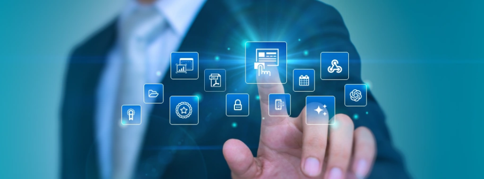 Business professional touching floating digital icons representing Caspio features such as app builder, security, data integration, scheduling, and automation, symbolizing no-code platform capabilities.