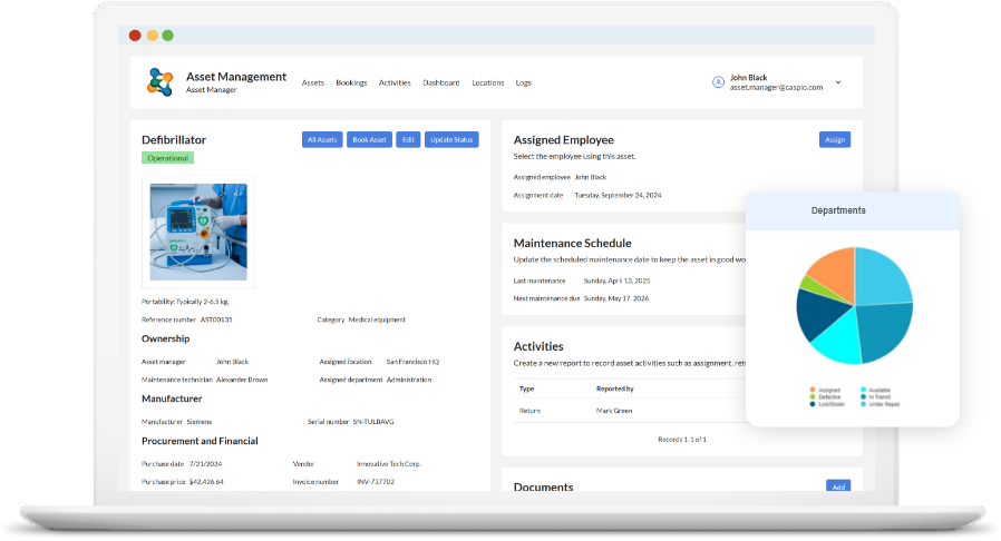 Asset management system interface built with Caspio, showing asset details, assigned employee, maintenance schedule, activity history, and usage insights across an organization