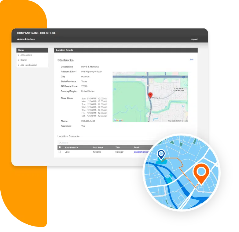 Location-based application interface showing a store directory with map view and pinned locations, illustrating proximity search and map integration features
