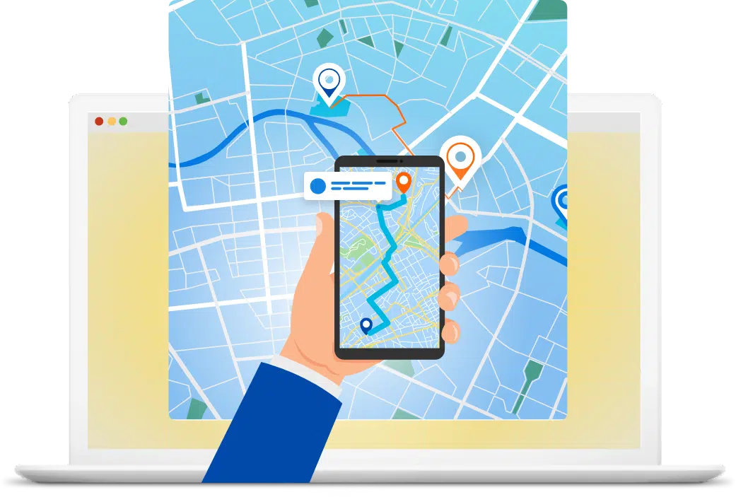 Mobile device displaying a map with navigation routes and location pins in front of a laptop, representing location-based application features