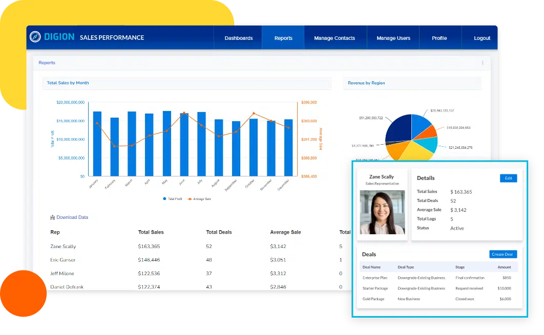 Custom KPI dashboard software showing sales performance metrics, reports, and data visualization charts