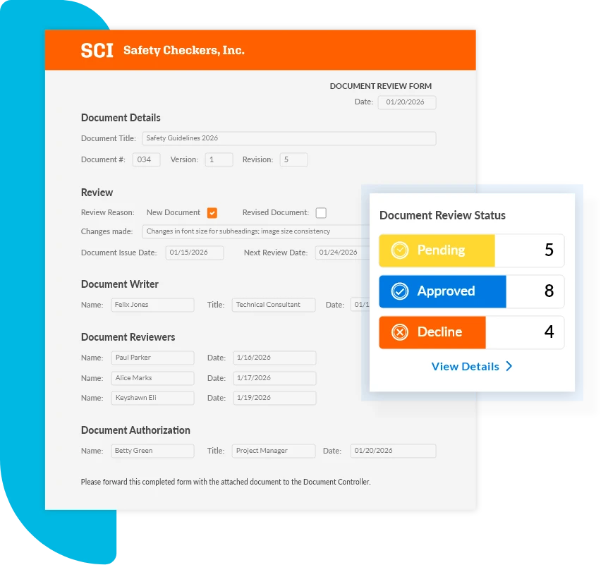 Document review and approval workflow dashboard with status tracking, including pending, approved, and declined counts, reviewer table, and document management form.