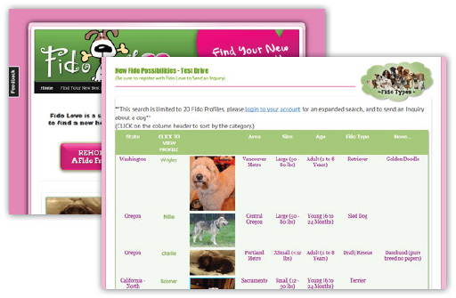 The FidoLove.com pet listings system powered by Caspio.